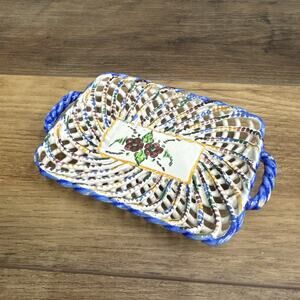 Spanish Ceramic Rope Trinket Dish Painted Floral Blue Multi; Vintage